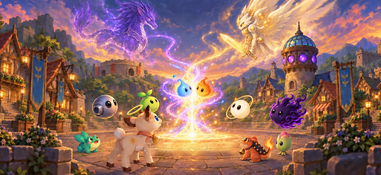 A town square at dusk. Six small elemental monsters stand around a pillar of fusion light while a violet dragon and a winged guardian circle overhead.