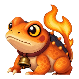 Braka, an orange salamander ringed with flame and wearing a small bell.