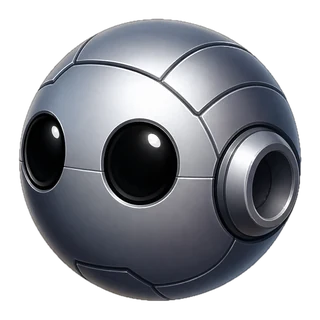 Tik, a polished steel sphere with two dark lenses for eyes.